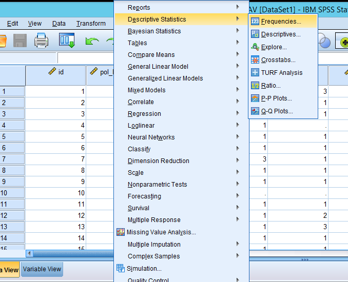 Analyze > Descriptive Statistics > Frequencies