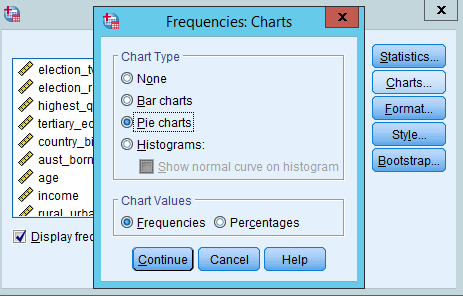 Select Pie charts as Chart Type and Frequencies as Chart Values