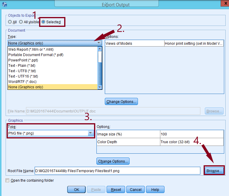 Export Output dialogue box.