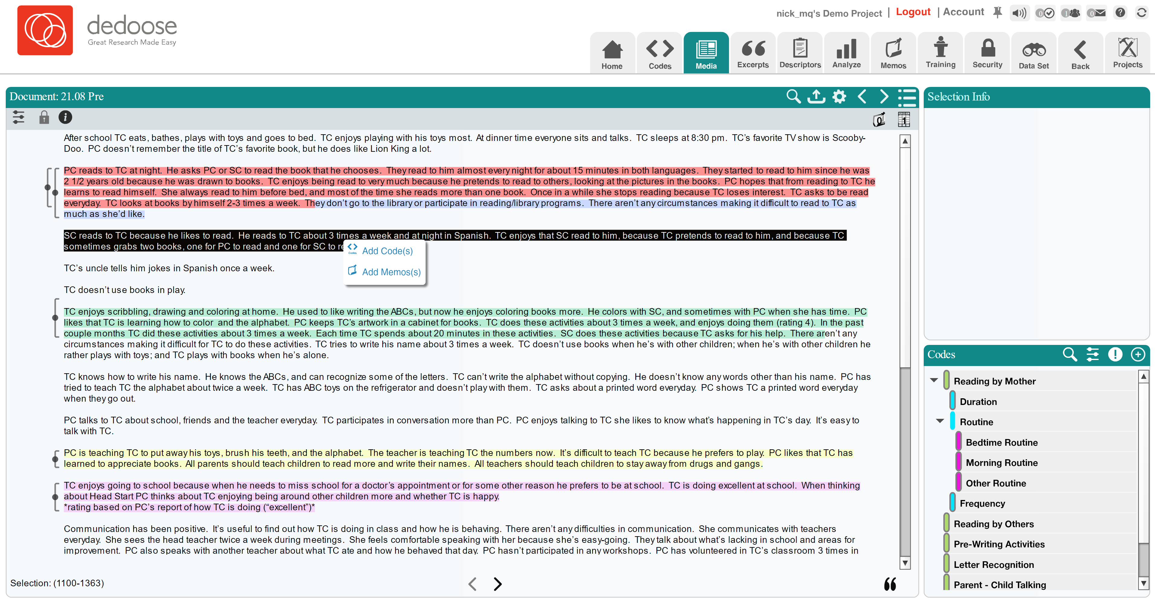 To code an excerpt, simply select the text you want to code, right click, and select 'Add Code(s)'.