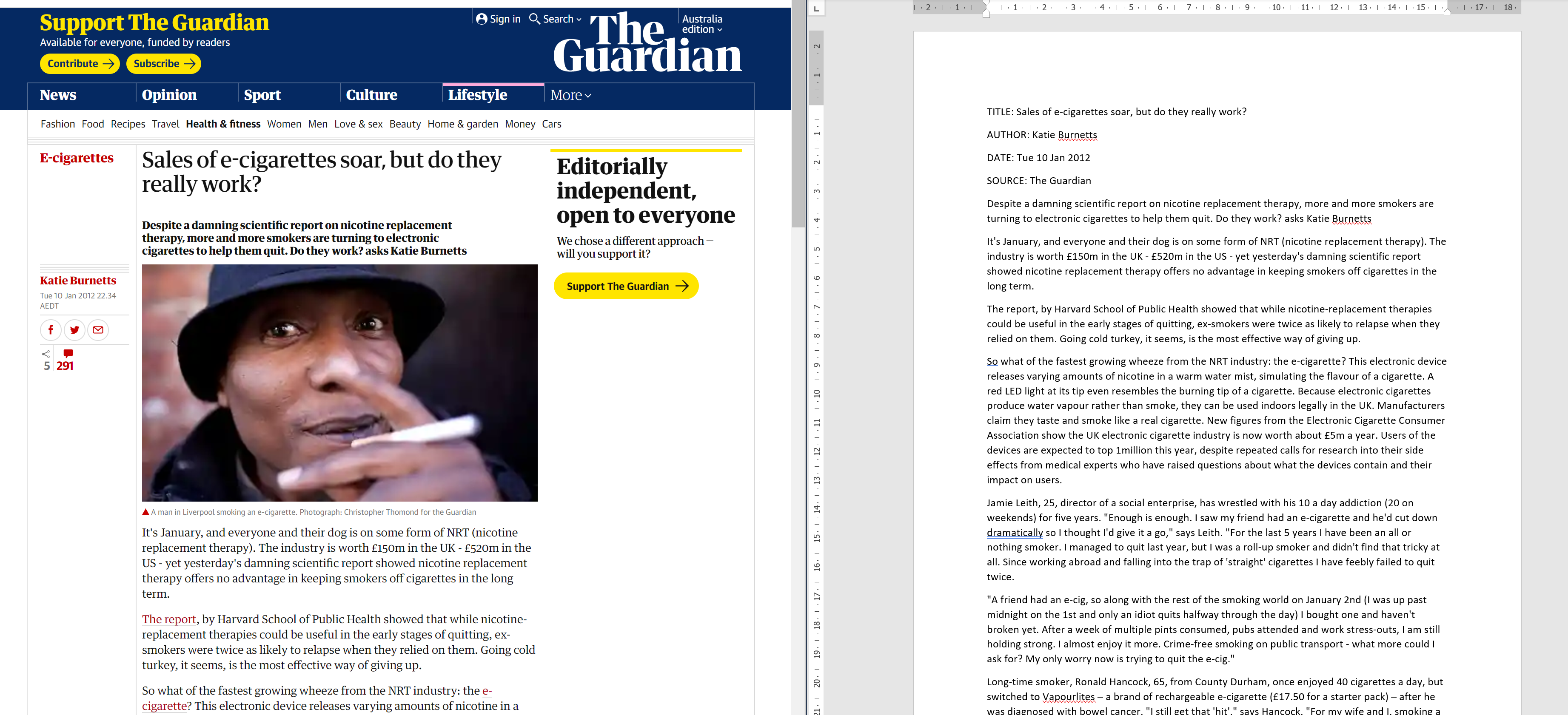 Newspaper article in Word document, next to same article on internet.