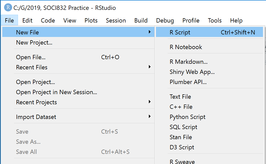 Step 4: How to open a new script file in RStudio.